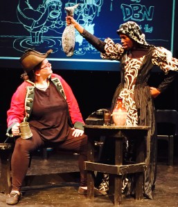 Chante du Plessis as Vasco da Gama being henpecked by his wife Anna Maria (Sfundo Sosibo), in a scene from De Compleat Hstry of DBN (without the boring bits!) which is being staged by the students of the Department of Drama Studies at UKZN. 